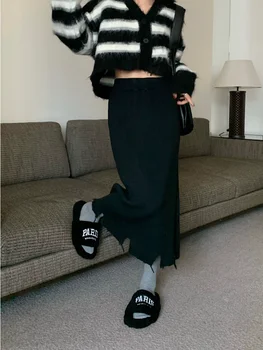 DEEPTOWN Uzun Örme Etek Kadın Elastik Bel A-line Kore Moda Düzensiz Ham Kenar Siyah Kış Midi Etek Rahat Kadın