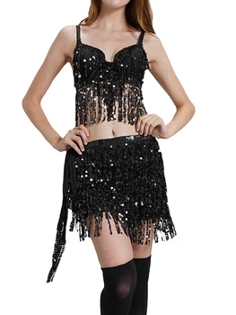 Kadın Işıltılı Pullu Fringe Bralette ve pırıltılı cıngıllı şal Etek seti Gece Kulübü Parti Kostüm
