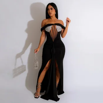 Siyah Seksi Payetli Akşam Elbise Kadınlar İçin Zarif Kapalı Omuz Sıkı Yarık Maxi Elbiseler Doğum Günü Moda Düğün Parti Vestidos