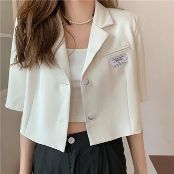 Yaz Rahat Kısa Kollu Küçük Blazer Ceketler Kadın Zarif Çentikli Boyun Ofis Bayan Eğlence Blazer Katı Moda Düğme Takım Elbise