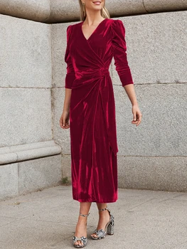 İlkbahar Yaz kadın Yeni Güzel Elbise Moda V Yaka Yüksek Bel Dantel-up Uzun Kollu Vintage Mahsul Akşam Kadife Etek 2023