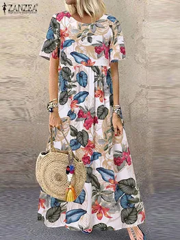 2023 ZANZEA Bohemian Çiçek Baskılı Plaj Elbise Yaz Femme Tatil Elbise Kadın Kısa Kollu Uzun Sundress Casual Maxi Vestidos