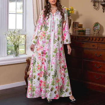 Boncuklu Arapça Elbise kadın Çiçek Defne Fas Baskılı Elbise Ramazan Bayram Müslüman Dubai Elbise Parti Elbise 2023 Yeni