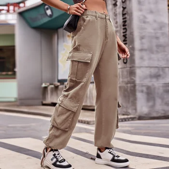 Kadın Çok Cepler Kargo Denim Pantolon Gevşek İpli Orta Bel Kot Kargo Pantolon Bayanlar Rahat Spor Streetwear Kot