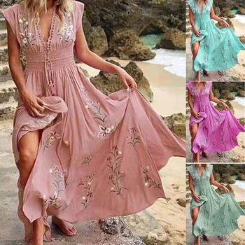 2023 Yaz Maxi Boho Elbise Kadın Püskül Bohemian Uzun Parti Elbise Bayanlar Çiçek Baskı Plaj Elbise Kadınlar İçin