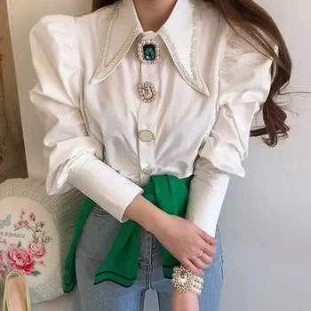 Kadın Gömlek 2022 Yeni Polyester Pamuk Puf Kollu Noktası Yaka Elmas Düğme İnci Trim Tek Göğüslü Bel Beyaz Gömlek