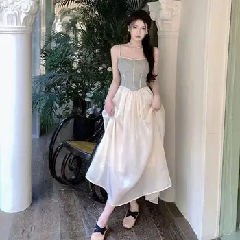2023 Yaz Yeni Bale Kız Fransız tatlı Ve baharatlı tarzı tasarım ışık lüks Splice Yüksek bel kemerli elbise Kadınlar İçin