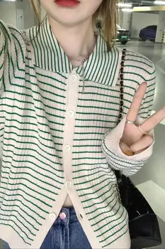 Yeşil Şerit Turn Down Yaka Boyun İnce Örme Hırka Üst İnce Kazak Ceket Kadın Kore Giyim Kadın Vintage Kırpılmış