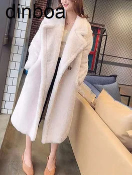 2022 Kış Uzun Beyaz Faux Kürk Ceket Kadınlar Kabarık Sıcak Büyük Boy Yaka Gevşek peluş ceket Bayan Kore Moda Streetwear Mont