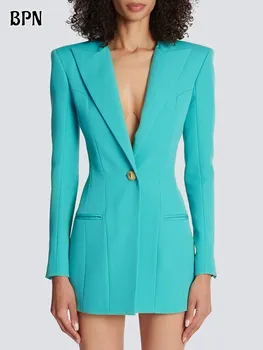 BPN Zarif Ince Blazer Kadınlar Için Çentikli Yaka Uzun Kollu Eklenmiş Tek Düğme Katı Mizaç Blazers Kadın Moda Yeni