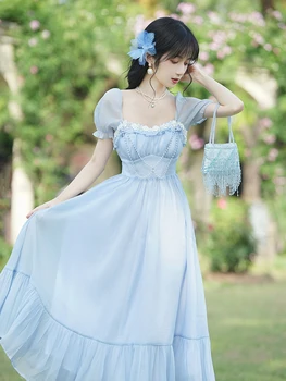 Yaz Vintage Şifon peri elbisesi Kadın Şık Tasarım Açık Mavi Puf Kollu Boncuk Bandaj Romantik Prenses Elbiseler Vestido