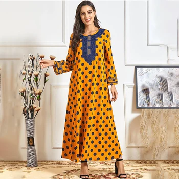 Müslüman elbise Moda İlkbahar ve Sonbahar kadın Sarı Polka Dot Baskılı Etnik Nakış Rahat Rahat Abaya Dubai Elbiseler