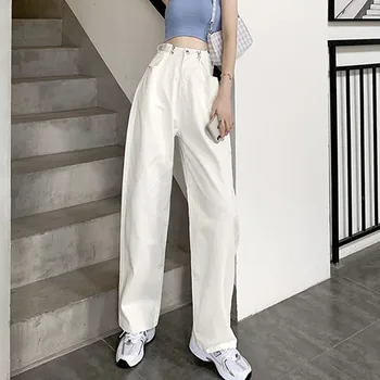 Kadın Beyaz Erkek Arkadaşı Geniş bacak Yüksek Bel Pantolon 2021 Gevşek kore kotu Kadın Düz Anne Streetwear Bahar Denim Pantolon