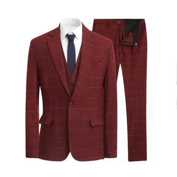 Yeni Bordo Erkek Ekose Takım Elbise 3 Adet Yün Tüvit Smokin Blazer Resmi Iş ve Groomsmen Düğün Takımları (Blazer + Yelek + Pantolon)