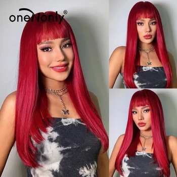 oneNonly Uzun Düz Koyu Kırmızı kahküllü peruk Lolita Parti Cosplay Peruk Bob kadın Peruk Cadılar Bayramı Yüksek Sıcaklık Saç