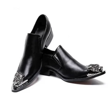 El yapımı Metal Ayak Deri Erkek Elbise Ayakkabı Siyah Akşam Parti Düğün Ayakkabı Ofis takım elbise Ayakkabı Artı Boyutu 38-46
