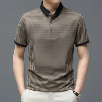 BROWON Marka 2023 Yaz Erkek T Shirt Çizgili Baskı Turn-Aşağı Yaka T Shirt Erkekler için İş Rahat Klasikleri Golf Erkek Giyim