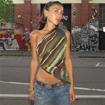 Baskı Tankı Üstleri Y2k Yaz giyim Kadınlar için 2023 Moda Seksi Asimetrik Bir Omuz Kırpma Üst