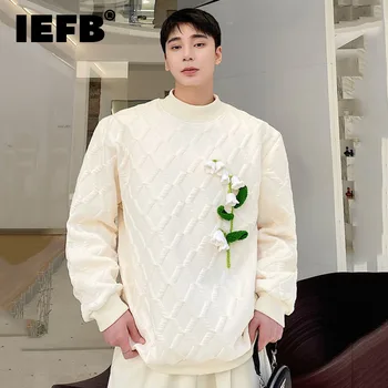 IEFB erkek Kazak Sonbahar Kalınlaşmış Yarım Yüksek Yaka Kazak Kore Moda Eklenmiş Çiçek Erkek Rahat Saf pamuklu üst giyim 9A6444
