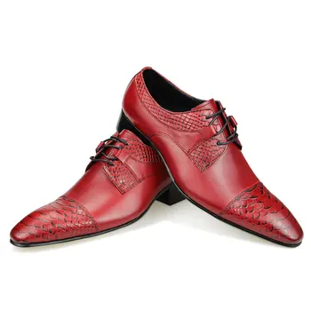 Moda Derby Ayakkabı Erkekler Resmi İş Ofis Vintage Tasarımcı Kırmızı Siyah Ayakkabı Lace Up Sivri Burun Düğün Hakiki deri ayakkabı