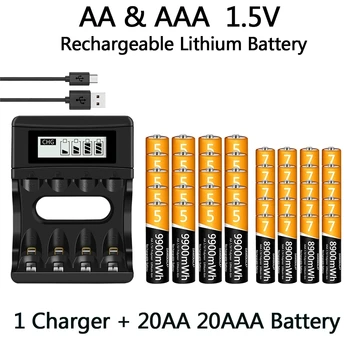 100 % orijinal AA AAA pil, 1.5 V lityum-iyon şarj edilebilir pil, 9900MWh, 1.5 V, AA, AAA, USB şarj aleti, uzun ömürlü