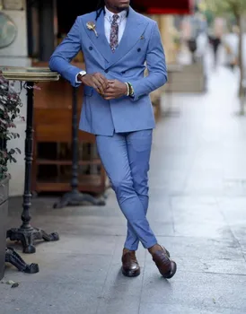 Mavi Tepe Yaka Kruvaze erkek Takım Elbise Düğün Parti İçin resmi giysi Erkek Blazer Setleri 2 Parça Ceket + Pantolon Trajes De Hombre