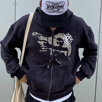 Anime baskı Gotik Streetwear Uzun Kollu Siyah Zip Hoodie Y2k Grunge giyim Kazak Kore Moda Punk Spor Ceket Kazak