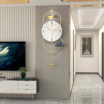 Büyük duvar saati Sarkaçlı Metal Kuş Tasarım Modern Yaratıcı Saat Asılı Duvar Ev Dekor Oturma Odası İçin Altın Duvar Saati