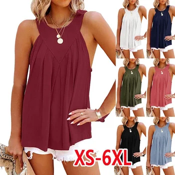 Ilkbahar Yaz Bayan Giyim XS-6XL Casual Tops Kolsuz Kaşkorse Düz Renk Bluzlar Bayanlar Gevşek Gömlek Kat Tankı Üstleri