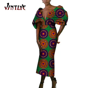 Zarif Afrika Baskı Elbiseler Kadın Moda Geleneksel Ankara Baskı Maxi uzun elbise Seksi V Yaka Afrika Dashiki Elbise WY9695