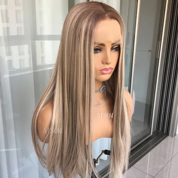 Uzun Düz Dantel Peruk Vurgulamak Kahverengi Sarışın Renkli Sentetik Dantel ön peruk Kadınlar için 13x1 T Parça Peruk Pelucas De Mujer