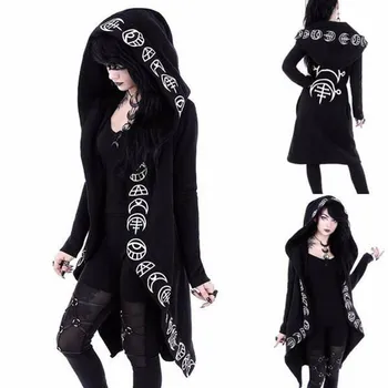 Bayan Polar Astarlı Ceket Kollu Uzun Ceket Kadın Ay Punk Artı Siyah Boyutu Ceket Baskı Kapşonlu Hırka Bayan Diz Boyu Ceket