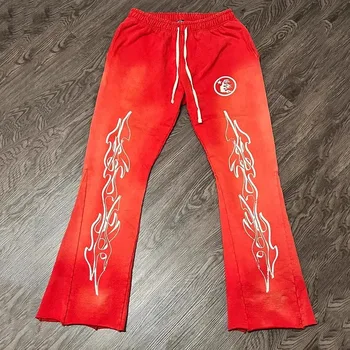 Patchwork Hellstar Stüdyoları Kırmızı Flare Sweatpants Erkekler Kadınlar Vintage Jogger İpli Flare Pantolon
