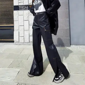 Moda DJ Tam Boy Pu deri pantolon Kadın İnce Bölünmüş dikiş tasarım Suni Deri cepli pantolon F2612