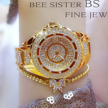 BS arı kardeş Marka Lüks kadın İzle Altın Rhinestone Kol Paslanmaz Çelik Gümüş Elmas Bayanlar İzle Ücretsiz Kargo