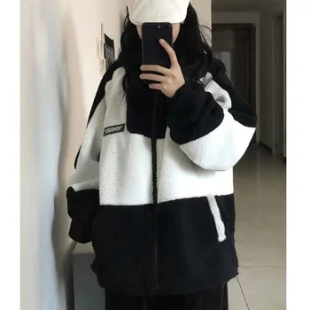 Harajuku Kadın Lambswool Ceketler Büyük Boy Kore Tarzı Streetwear Vintage Kadın Polar Mont Kış Rahat Moda