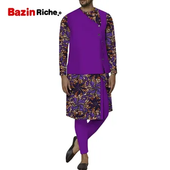 Afrika Erkek Giyim Takım Elbise Erkekler İçin Dashiki Kapak Uzun Kollu Gömlek Yelek Pantolon 3 ADET Set Moda Ankara Elbiseler Erkek WYN1532