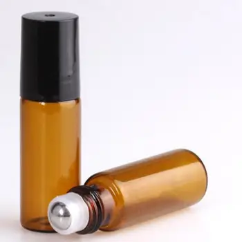 Doldurulabilir 5 ml Amber Çelik metal silindir topu Parfüm Cam Şişeler Üzerinde Rulo uçucu Yağ Şişesi LX1028