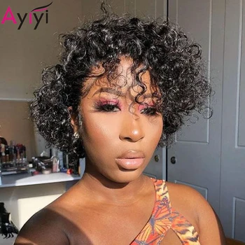 Afro Kıvırcık Peruk Kısa Kesim Peruk 100 % insan saçı peruk Siyah Kadınlar İçin Moğol Saç Tam Makine Peruk Kısa Peri Kesim Peruk Ayiyi
