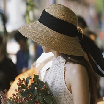 USPOP 2020 Kadın yazlık şapkalar uzun şerit yay plaj şapkaları geniş ağızlı doğal hasır güneş şapkaları