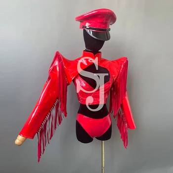 Kırmızı Dansçı Performans Sahne Kostüm Püskül Uçan Omuz Yelek Bikini Gece Kulübü Gogo Dans Kıyafeti Sürükle Kraliçe Elbise