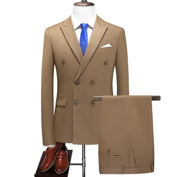 2022 Moda Yeni erkek İş Kruvaze Düz Renk Takım Elbise Ceket / Erkek İnce Düğün 2 Parça Blazers Ceket Pantolon Pantolon