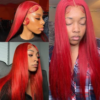 Kırmızı Renkli 13x4 Dantel Ön İnsan Saç Peruk 99J Bordo Düz Dantel Ön Peruk Kadınlar İçin Brezilyalı Saç 4x4 Dantel Peruk 34 inç