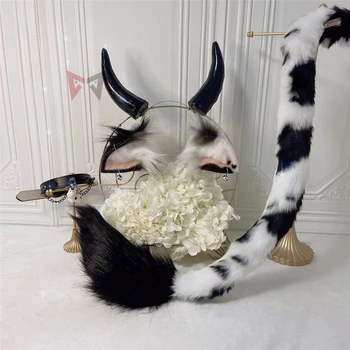 MMGG Yeni Süt İnek Öküz Kulaklar Boynuzları Hairhoop Canavar Tilki Tarzı Şapkalar Kuyruk Kolye Karnaval Cosplay Kostüm Aksesuarları