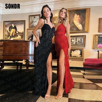 SONDR Pretty Siyah / Kırmızı Parlak balo kıyafetleri Balo Abiye Sequins Sevgiliye Spagetti Sapanlar Vestidos De Fiesta gece elbisesi Elbise