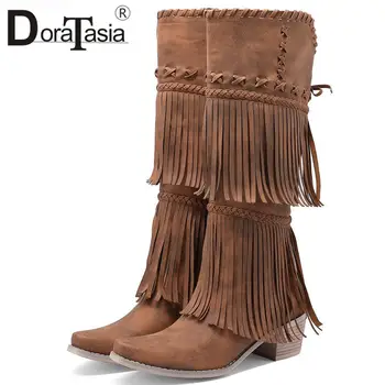 Yeni Kadın Cowgirl kovboy çizmeleri Kadınlar İçin Moda Saçak Zip Blok Tıknaz Topuklu bayan botları Parti Kahverengi Vintage Kadın Ayakkabı