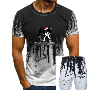 T-Shirt-Siyah Noel T Shirt-erkek Fransız Bulldog Giyen Noel Şapka Mutlu