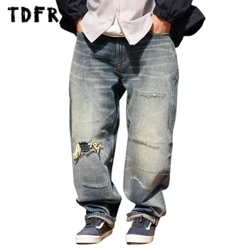 Yıkanmış Sıkıntılı Kot Erkek Yırtık Yama Retro Streetwear Gevşek kot pantolon Erkek Pantolon