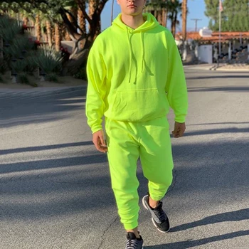 Neon Yeşil Tarzı erkek Moda Eşofman Katı 2 Parça Uzun Kollu Hoody + Gevşek Swearpants Rahat Spor Takım Elbise Erkekler 2021 Yeni OMSJ