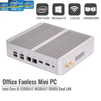 Süper Fansız Mini PC Intel Core i5 - 5200U i7 - 5500U SD Kart Windows 10 Pro 4 K HTPC 2*HDMI 2*Lan 8USB WiFi BT Ofis Ev İçin